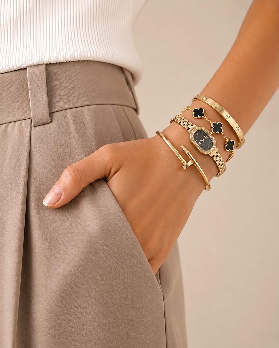 Stainless Steel 4 Piece Bracelet, Watch & Bangles Combo