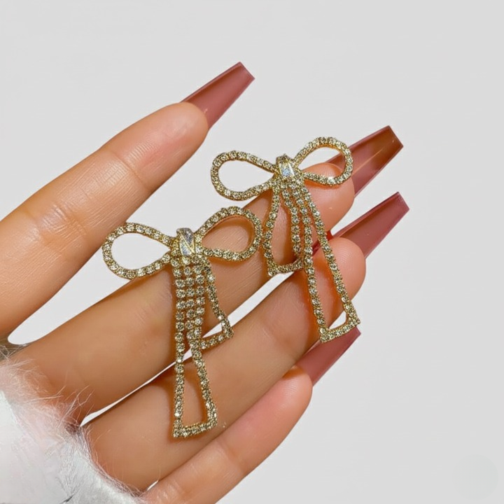 PQT-985  Bow Shape Zircon Korean Earrings – Color Golden
