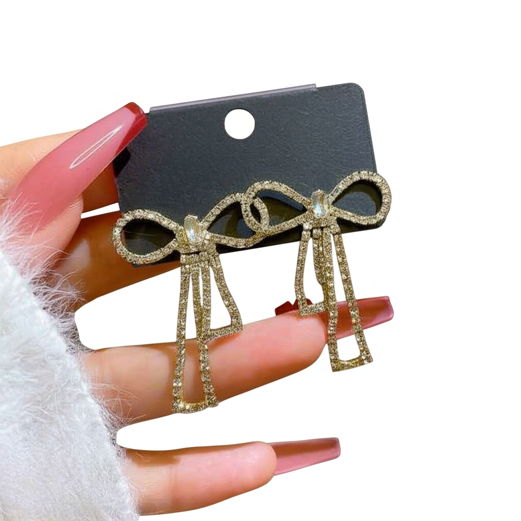 PQT-985  Bow Shape Zircon Korean Earrings – Color Golden