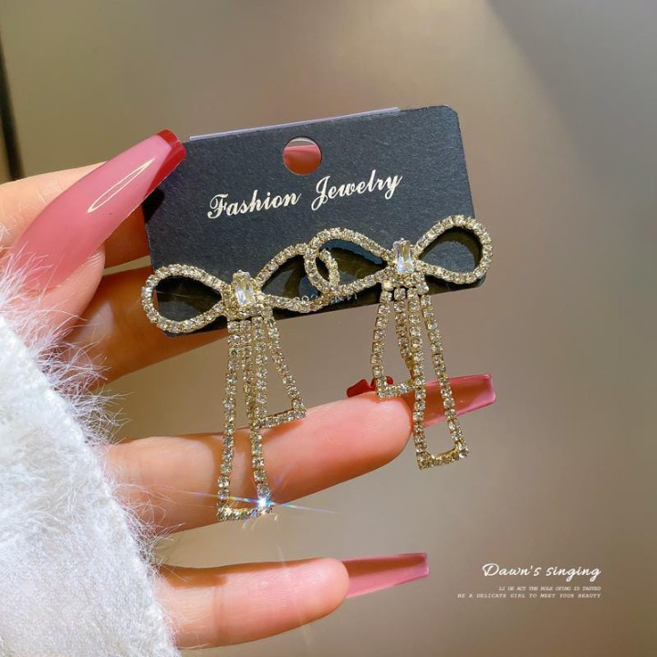 PQT-985  Bow Shape Zircon Korean Earrings – Color Golden