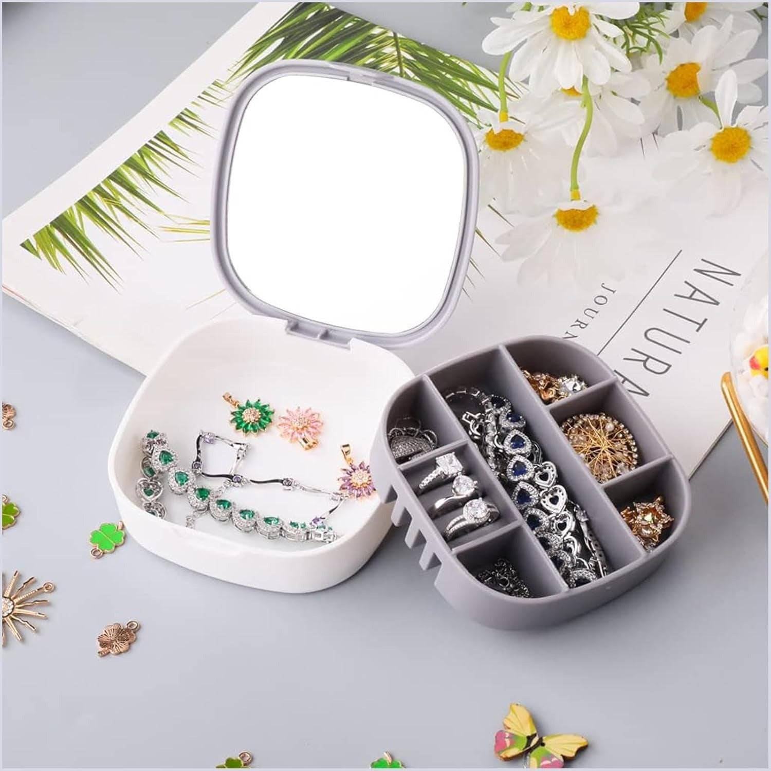 Portable Mini Jewelry Storage Box with Built-In Mirror – Compact Travel Organizer for Rings, Earrings, and Necklaces (Model LD-988)
