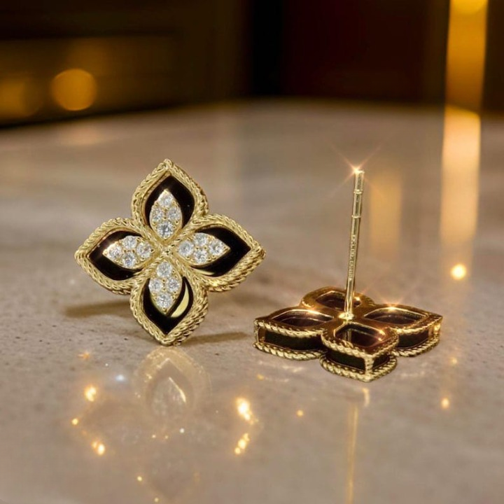 Black and Gold Floral Earrings – Sparkling Four-Leaf Studs with Cubic Zirconia (PJT-991)